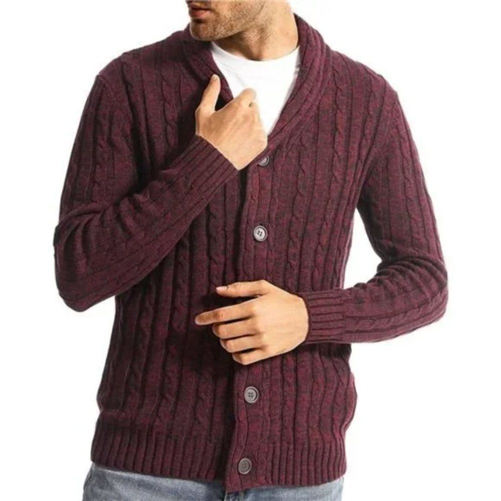 New Men's Cardigan Sweater Cable Knitted Slim Fit Wine Red